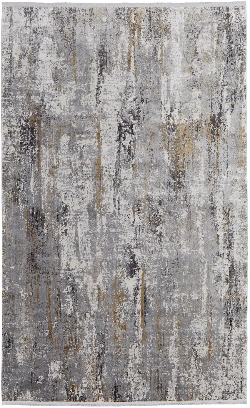 Gray Ivory and Gold Abstract Power Loom Area Rug With Fringe Photo 5