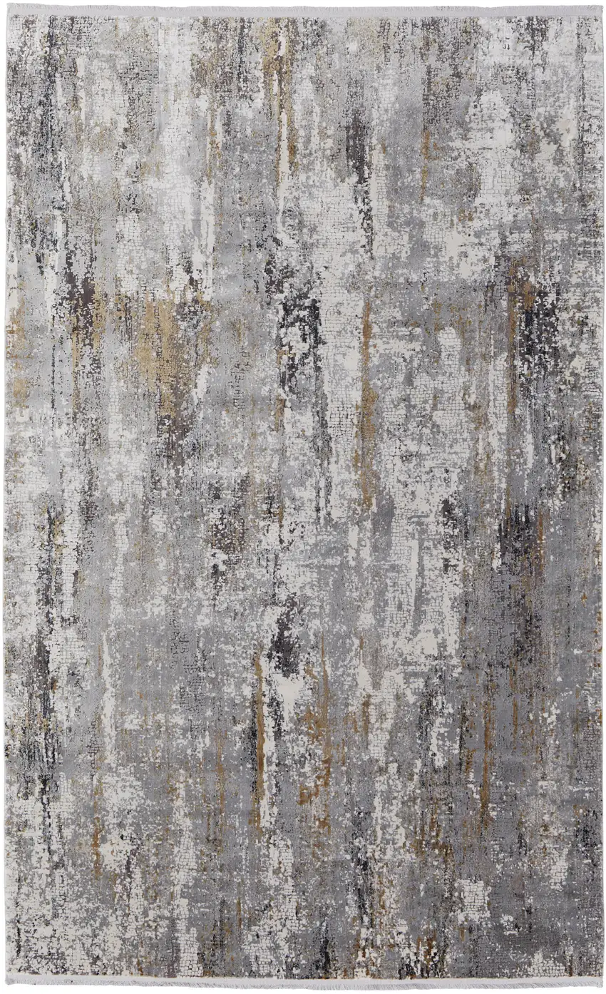 Gray Ivory and Gold Abstract Power Loom Area Rug With Fringe Photo 2