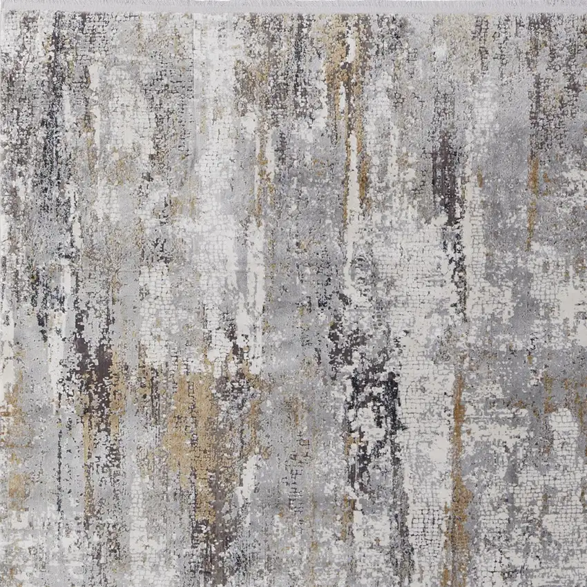 Gray Ivory and Gold Abstract Power Loom Area Rug With Fringe Photo 9