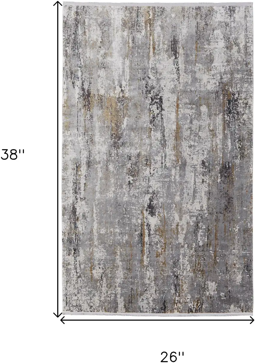 Gray Ivory and Gold Abstract Power Loom Area Rug With Fringe Photo 3