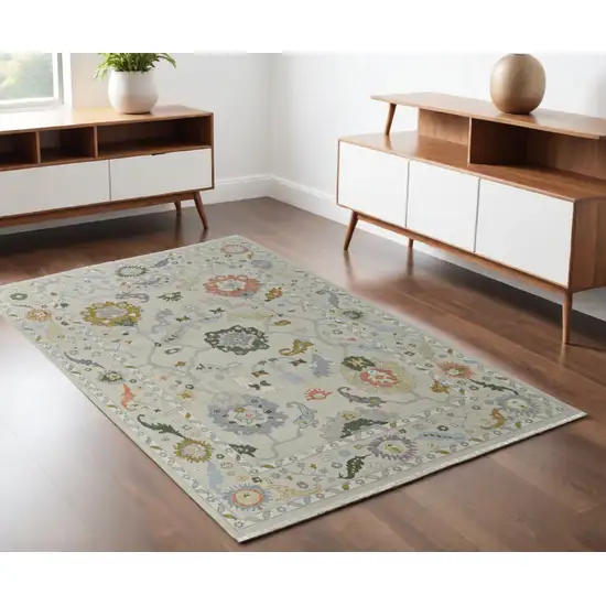 Gray Ivory and Gold Wool Floral Hand Knotted Area Rug With Fringe Photo 1