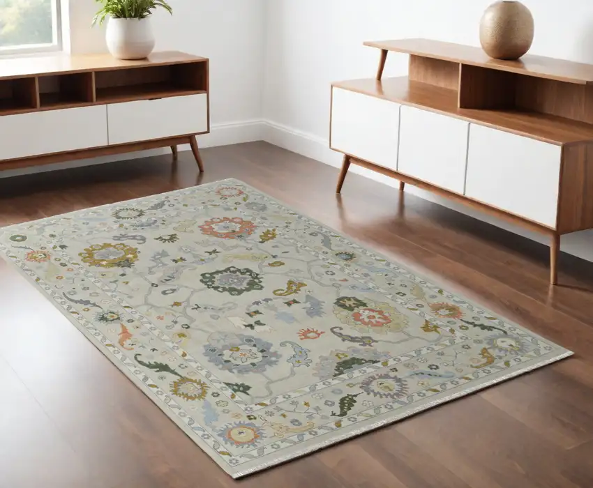 Gray Ivory and Gold Wool Floral Hand Knotted Area Rug With Fringe Photo 1
