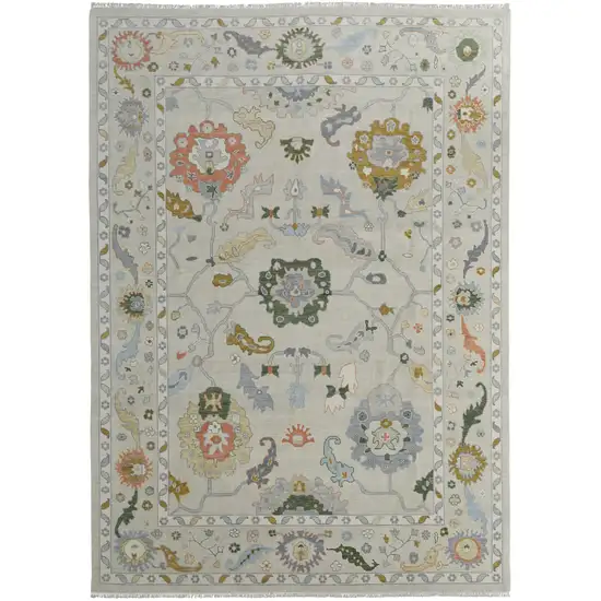 Gray Ivory and Gold Wool Floral Hand Knotted Area Rug With Fringe Photo 6