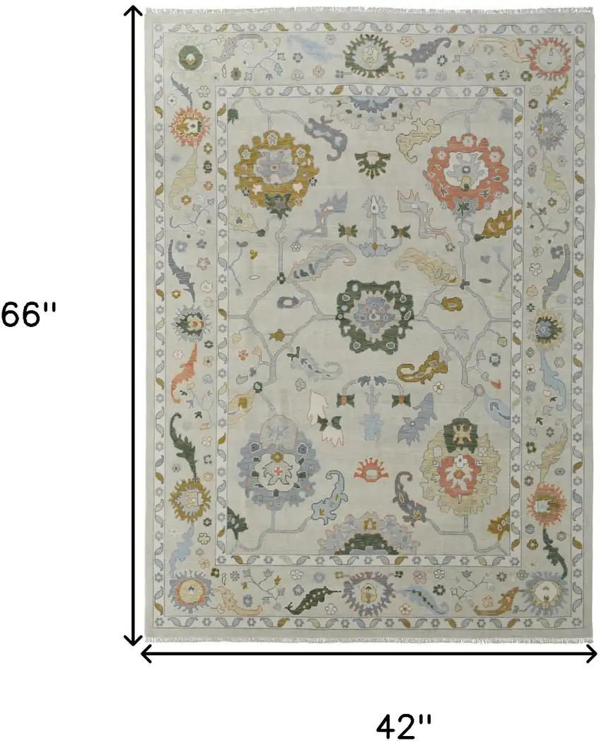 Gray Ivory and Gold Wool Floral Hand Knotted Area Rug With Fringe Photo 3