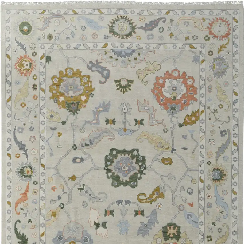 Gray Ivory and Gold Wool Floral Hand Knotted Area Rug With Fringe Photo 5