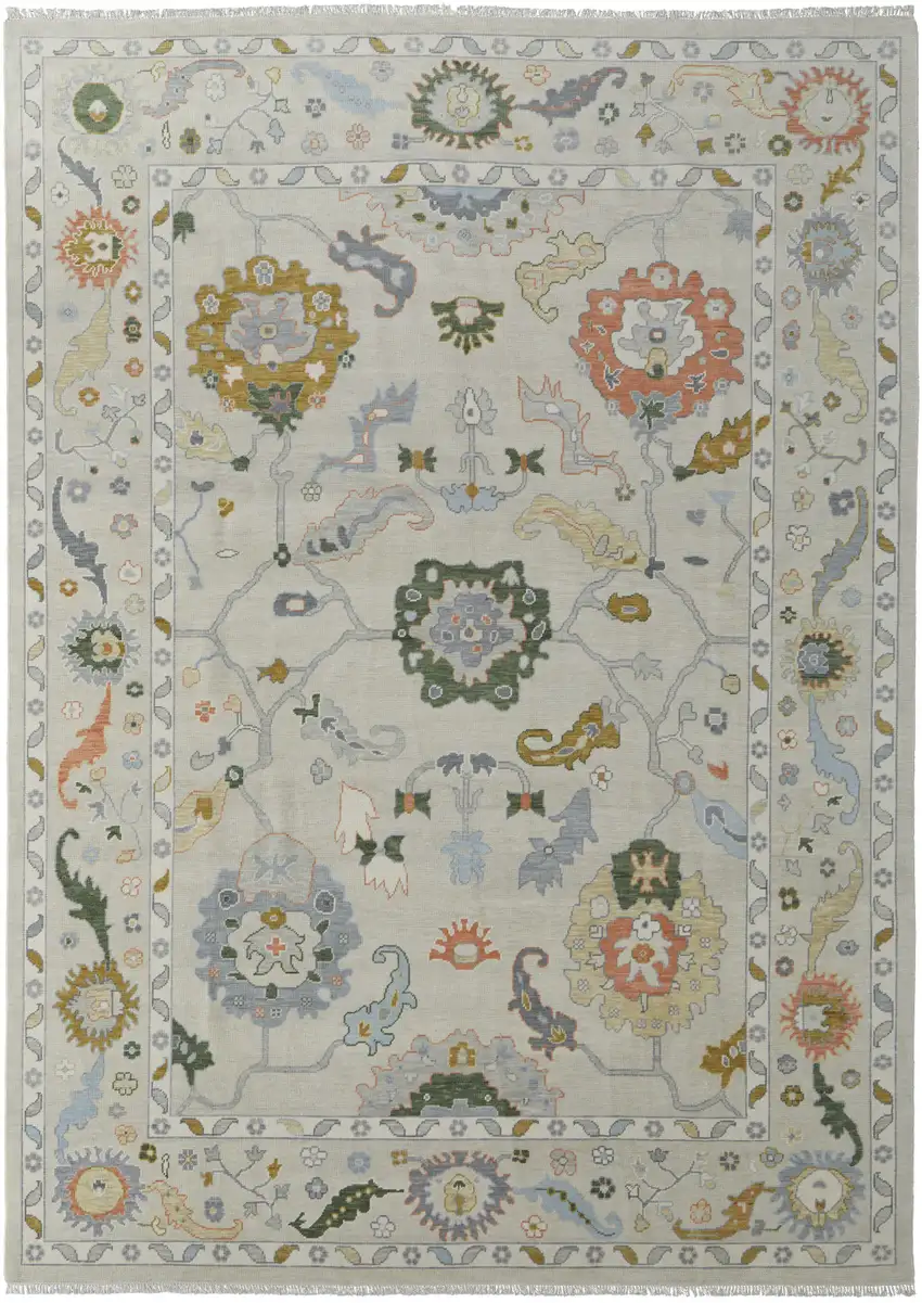 Gray Ivory and Gold Wool Floral Hand Knotted Area Rug With Fringe Photo 4