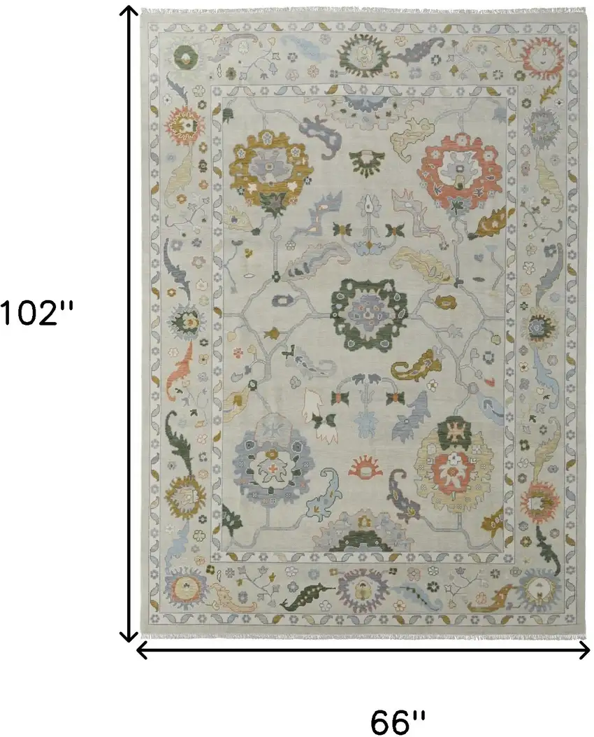 Gray Ivory and Gold Wool Floral Hand Knotted Area Rug With Fringe Photo 3