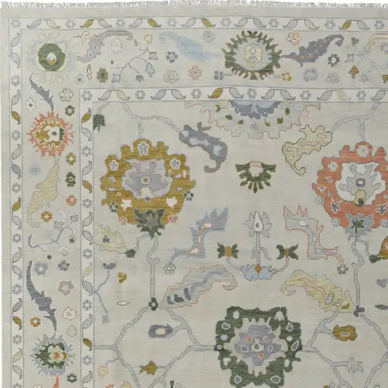 Gray Ivory and Gold Wool Floral Hand Knotted Area Rug With Fringe Photo 9