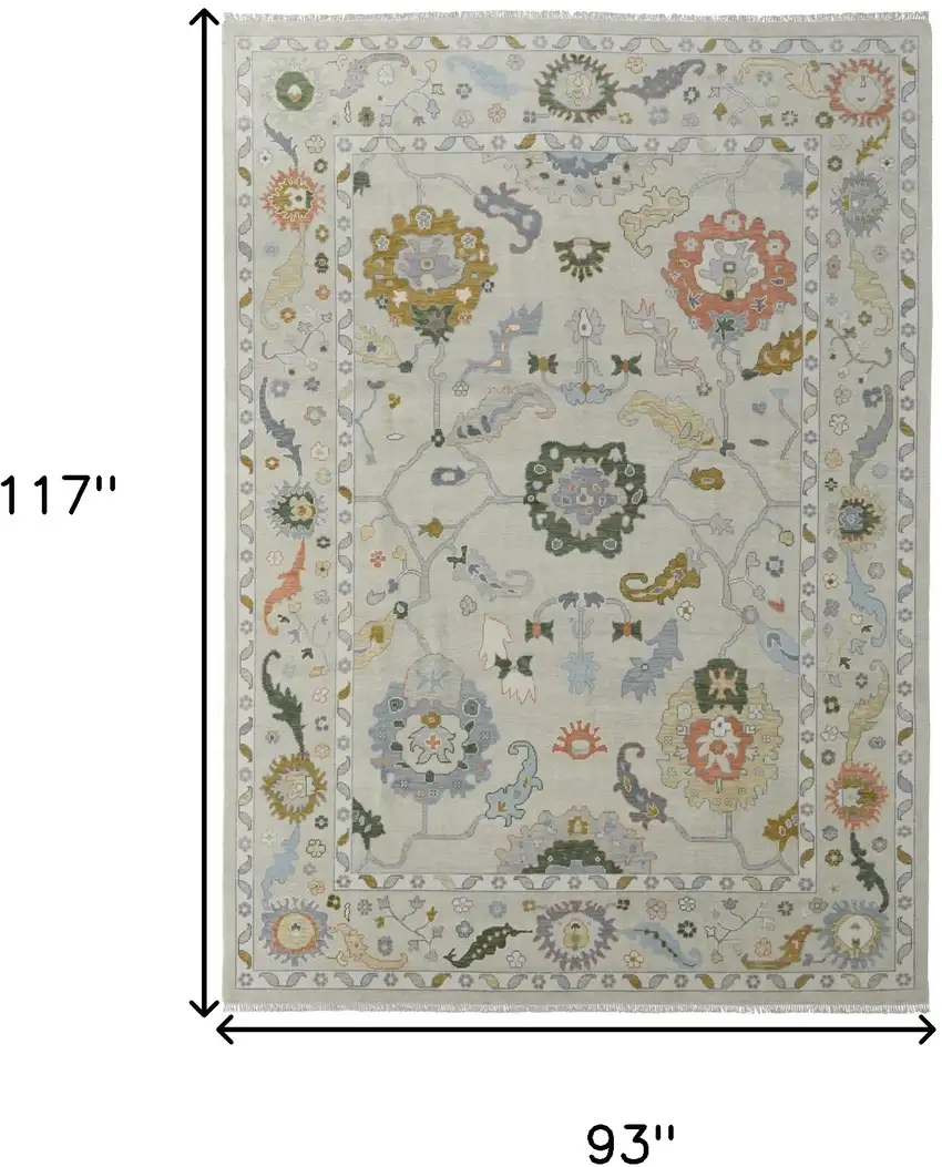 Gray Ivory and Gold Wool Floral Hand Knotted Area Rug With Fringe Photo 3