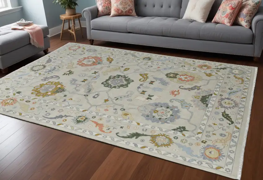 Gray Ivory and Gold Wool Floral Hand Knotted Area Rug With Fringe Photo 1