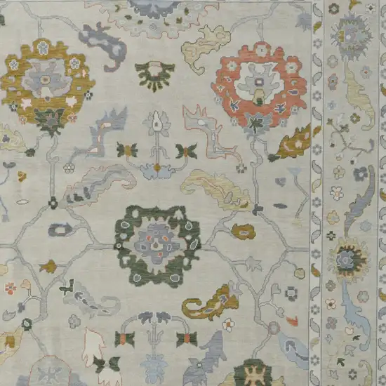 Gray Ivory and Gold Wool Floral Hand Knotted Area Rug With Fringe Photo 9