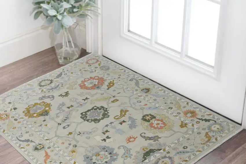 Gray Ivory and Gold Wool Floral Hand Knotted Area Rug With Fringe Photo 1
