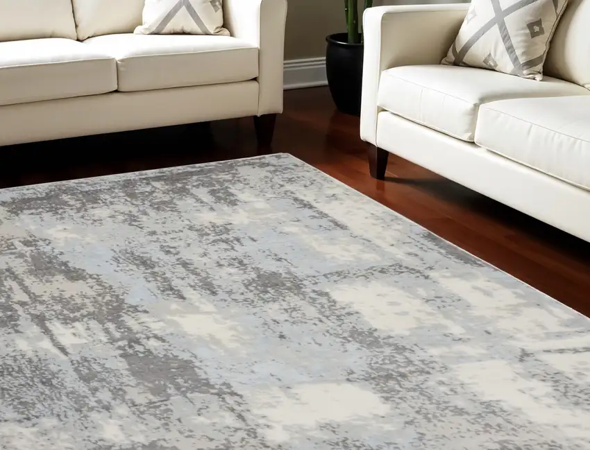 Gray Ivory and Light Blue Abstract Non Skid Area Rug Photo 1
