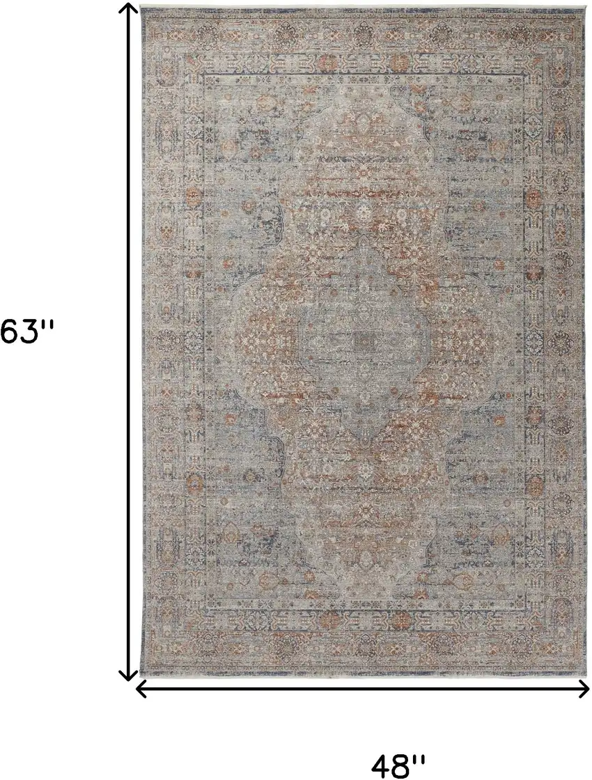 Gray Ivory and Orange Oriental Power Loom Worn Faded Area Rug With Fringe Photo 3