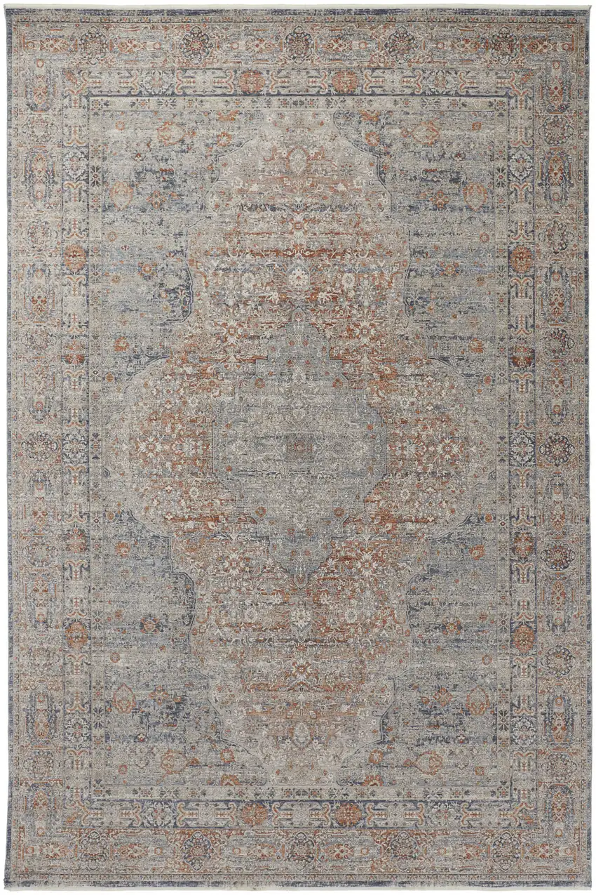 Gray Ivory and Orange Oriental Power Loom Worn Faded Area Rug With Fringe Photo 4