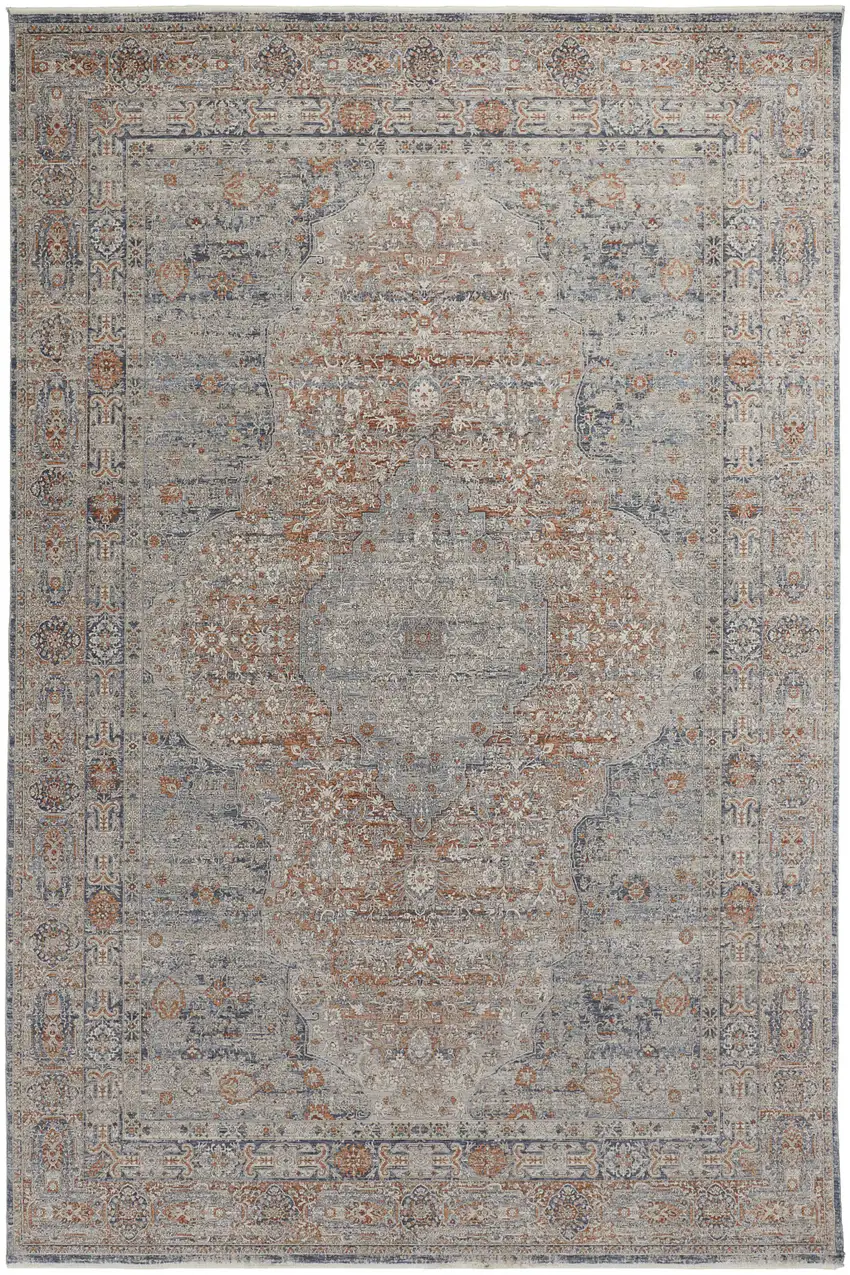 Gray Ivory and Orange Oriental Power Loom Worn Faded Area Rug With Fringe Photo 5