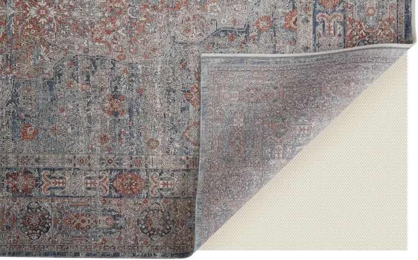 Gray Ivory and Orange Oriental Power Loom Worn Faded Area Rug With Fringe Photo 8