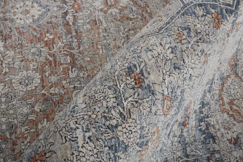 Gray Ivory and Orange Oriental Power Loom Worn Faded Area Rug With Fringe Photo 7