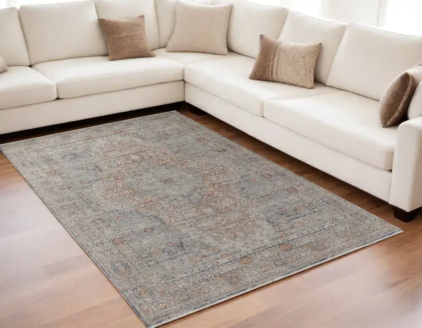 Gray Ivory and Orange Oriental Power Loom Worn Faded Area Rug With Fringe Photo 1