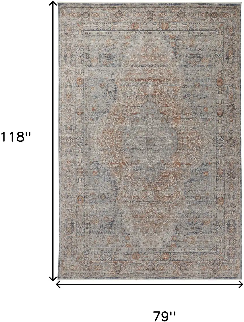Gray Ivory and Orange Oriental Power Loom Worn Faded Area Rug With Fringe Photo 3