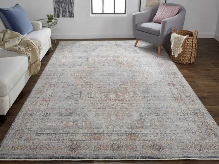 Gray Ivory and Orange Oriental Power Loom Worn Faded Area Rug With Fringe Photo 8