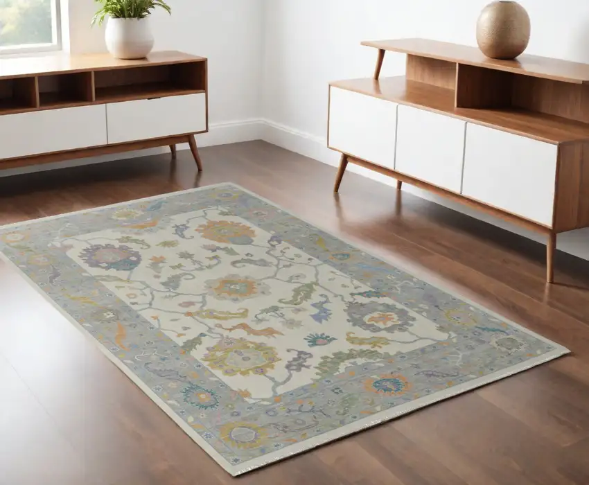Gray Ivory and Orange Wool Floral Hand Knotted Area Rug With Fringe Photo 1