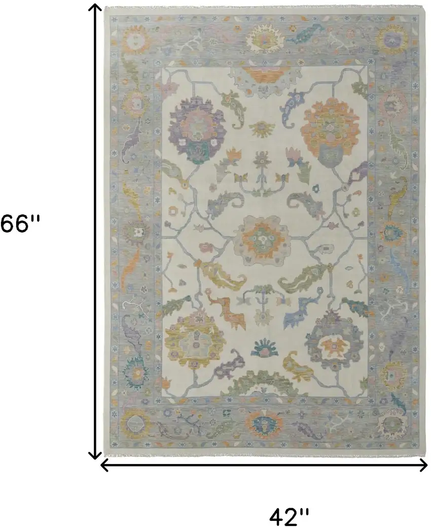 Gray Ivory and Orange Wool Floral Hand Knotted Area Rug With Fringe Photo 3