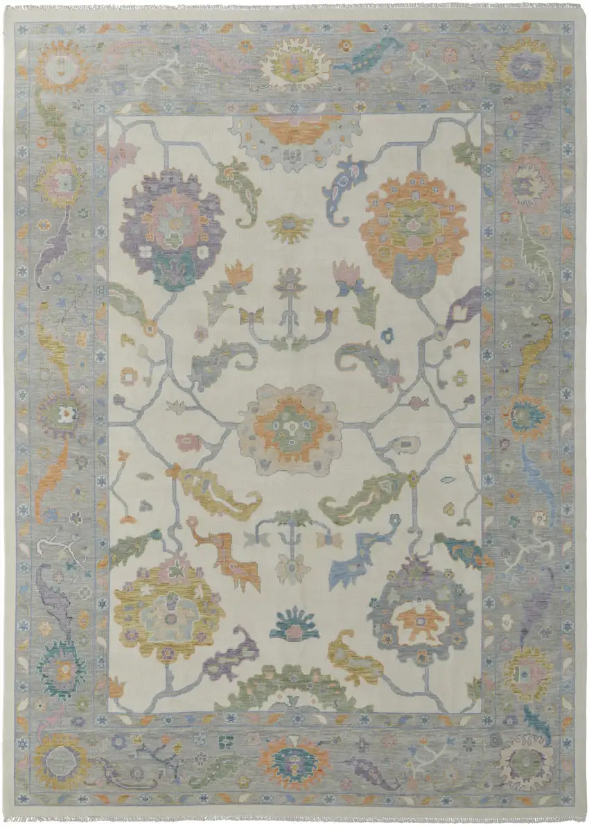 Gray Ivory and Orange Wool Floral Hand Knotted Area Rug With Fringe Photo 2