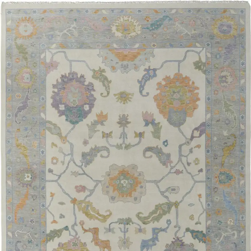 Gray Ivory and Orange Wool Floral Hand Knotted Area Rug With Fringe Photo 5