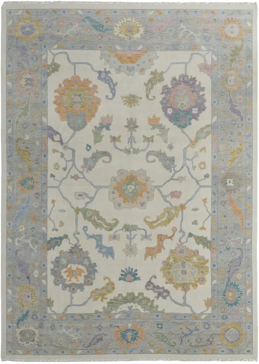Gray Ivory and Orange Wool Floral Hand Knotted Area Rug With Fringe Photo 6