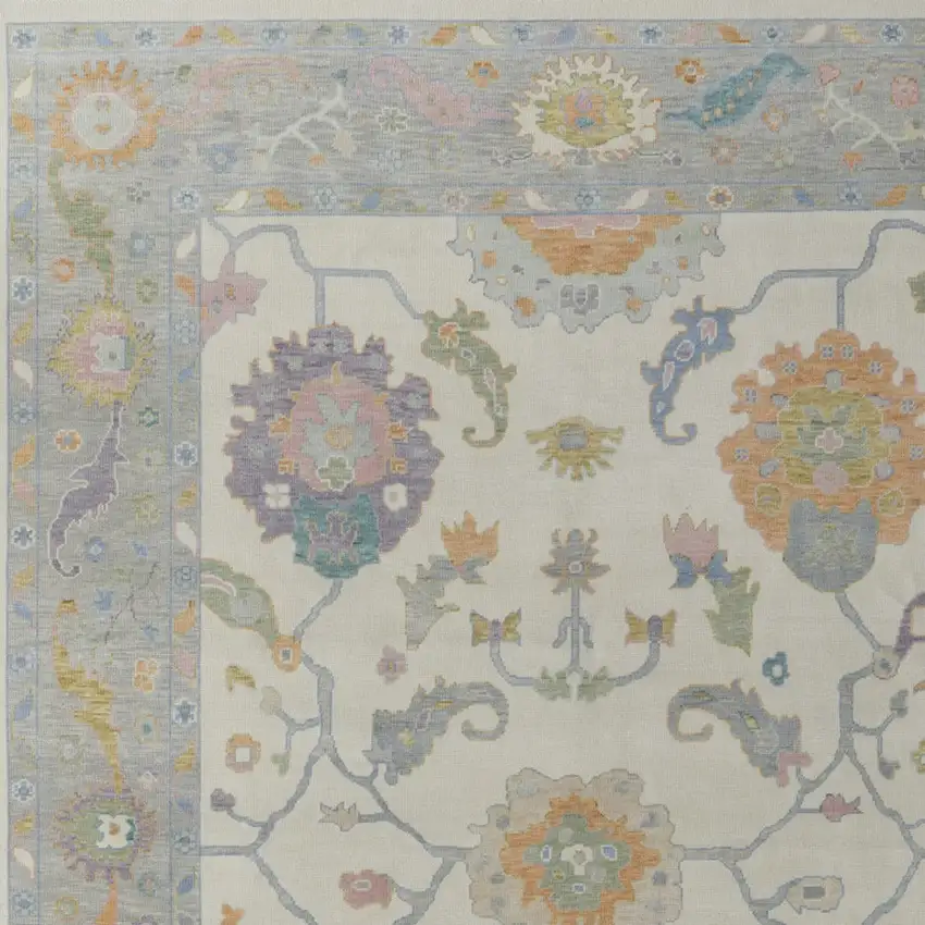 Gray Ivory and Orange Wool Floral Hand Knotted Area Rug With Fringe Photo 8