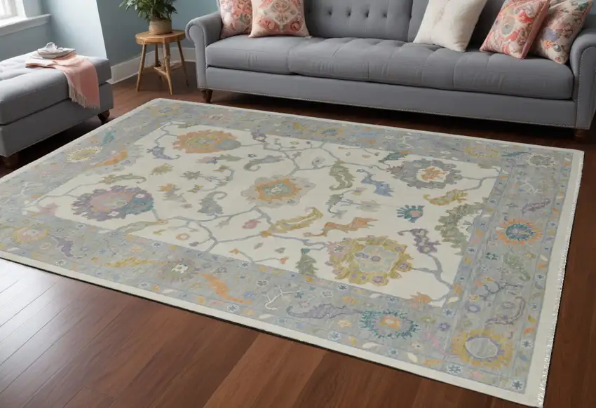Gray Ivory and Orange Wool Floral Hand Knotted Area Rug With Fringe Photo 1