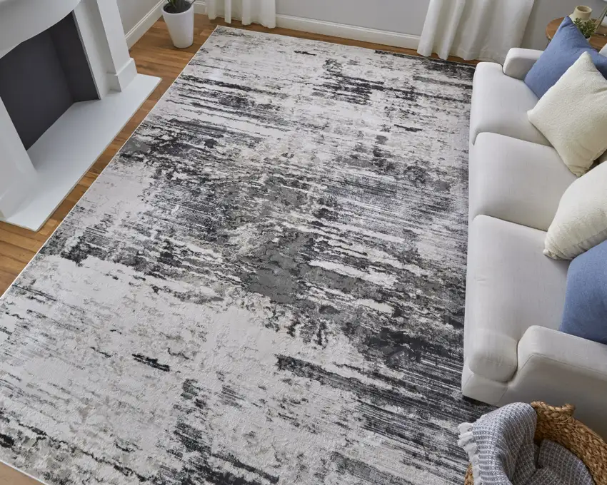 Gray Ivory and Taupe Abstract Power Loom Worn Faded Area Rug Photo 6