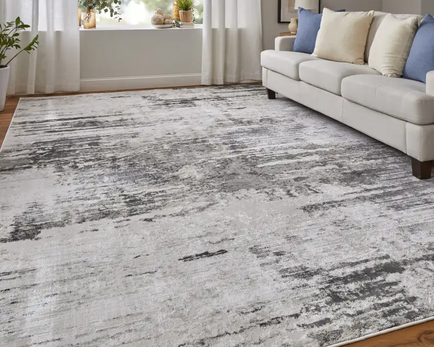 Gray Ivory and Taupe Abstract Power Loom Worn Faded Area Rug Photo 7
