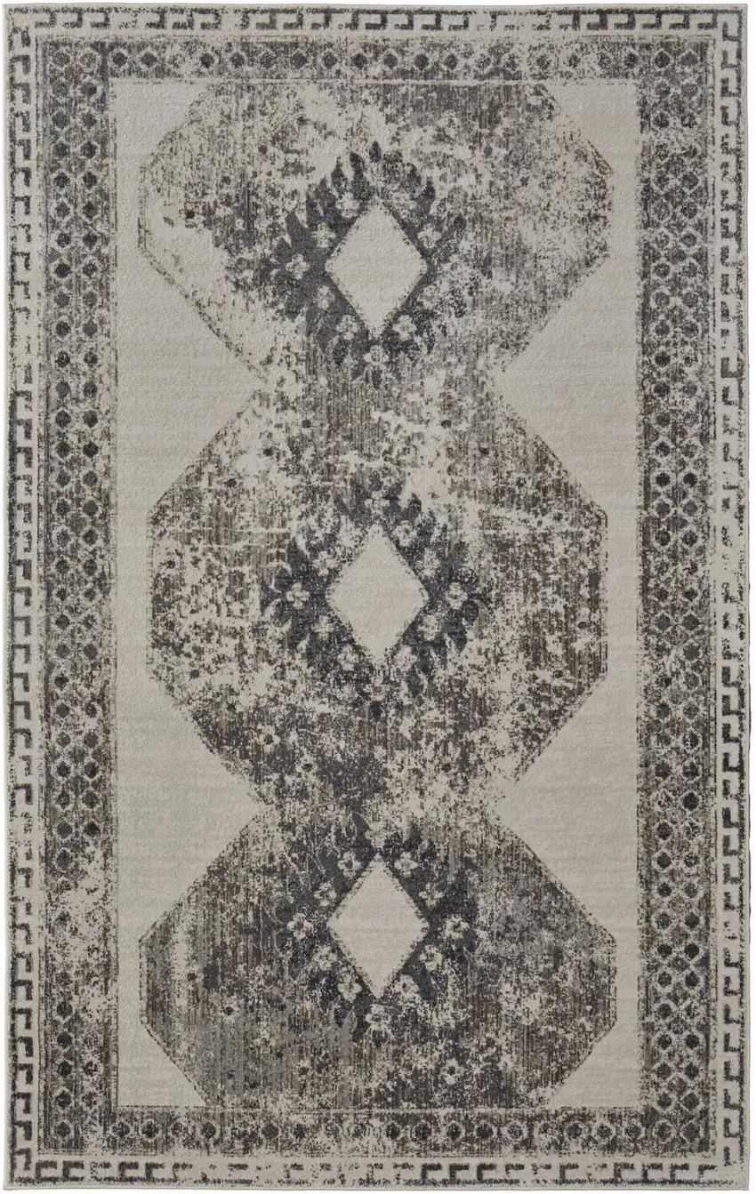 Gray Ivory and Taupe Abstract Power Loom Worn Faded Area Rug Photo 2