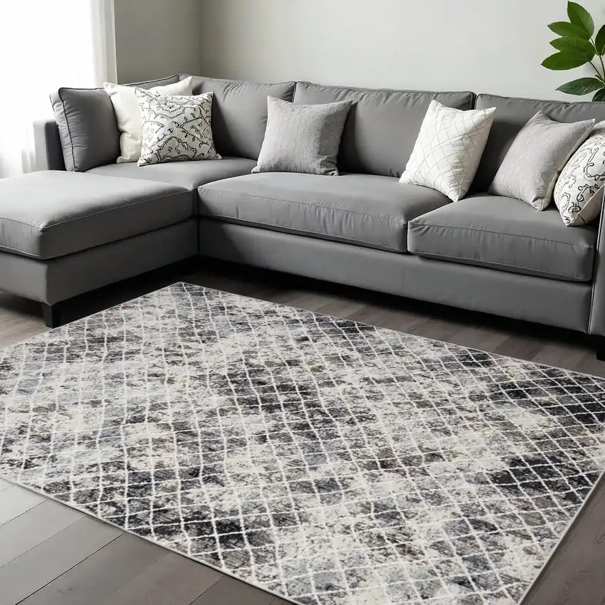 Gray And Ivory Geometric Distressed Area Rug Photo 1