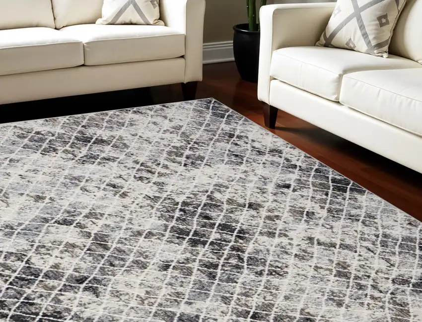 Gray Ivory and Taupe Geometric Power Loom Worn Faded Area Rug Photo 1