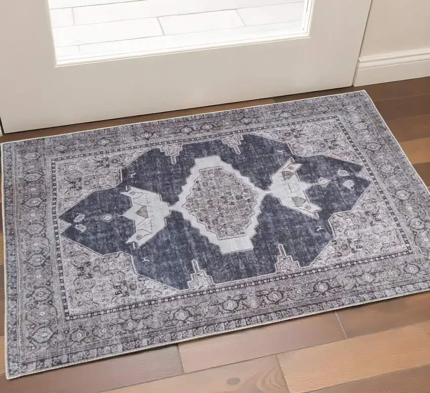 Gray Ivory and Taupe Oriental Power Loom Washable Area Rug Photo 1