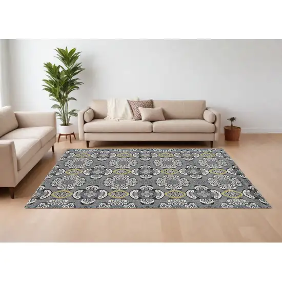 Gray Ivory and Yellow Damask Power Loom Area Rug Photo 1