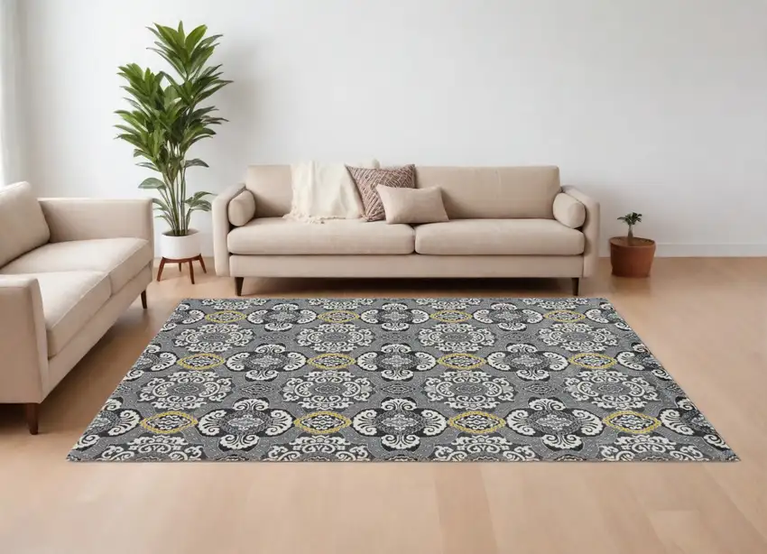 Gray Ivory and Yellow Damask Power Loom Area Rug Photo 1