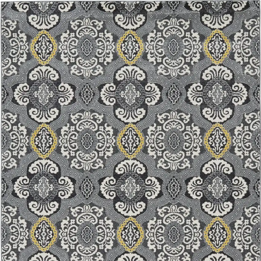 Gray Ivory and Yellow Damask Power Loom Area Rug Photo 6