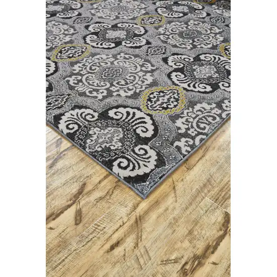 Gray Ivory and Yellow Damask Power Loom Area Rug Photo 7