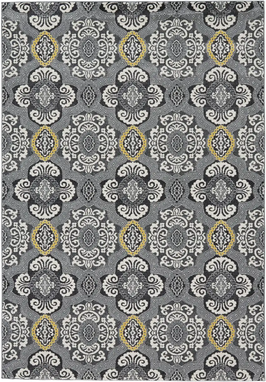 Gray Ivory and Yellow Damask Power Loom Area Rug Photo 4