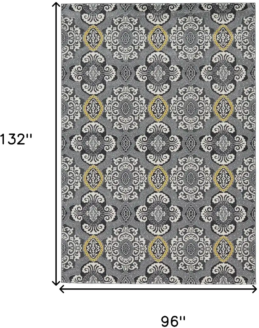 Gray Ivory and Yellow Damask Power Loom Area Rug Photo 3