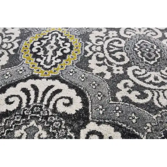 Gray Ivory and Yellow Damask Power Loom Area Rug Photo 9