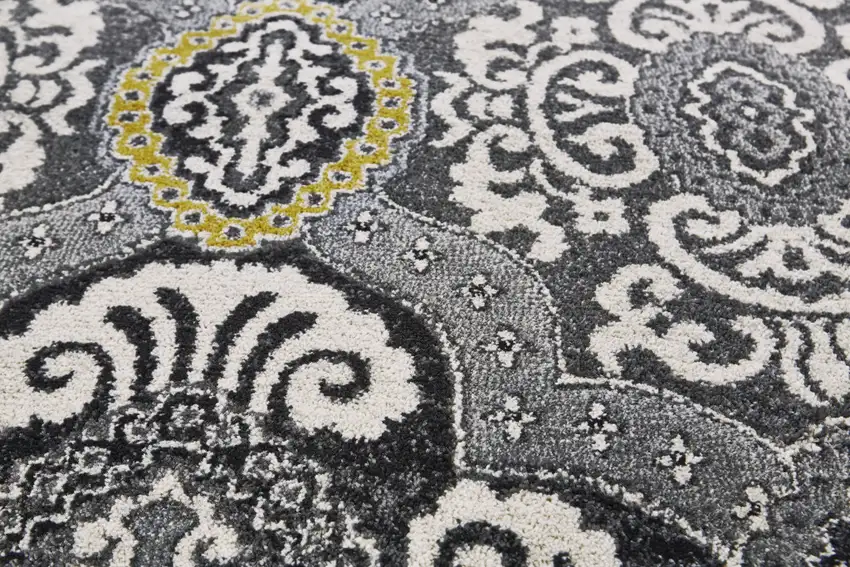 Gray Ivory and Yellow Damask Power Loom Area Rug Photo 9