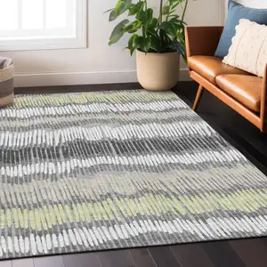 Photo of Gray Light Green And Ivory Striped Washable Indoor Outdoor Area Rug