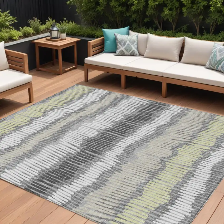 Gray Light Green And Ivory Striped Washable Indoor Outdoor Area Rug Photo 1