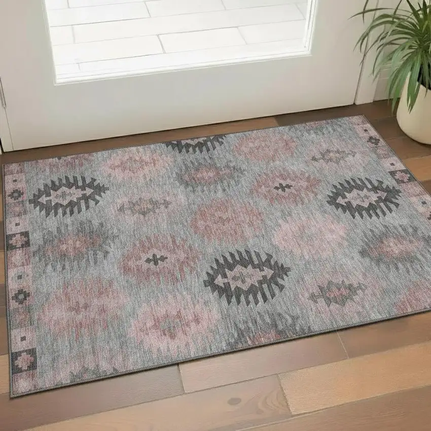 Gray Mauve And Silver Southwestern Washable Area Rug With UV Protection Photo 2