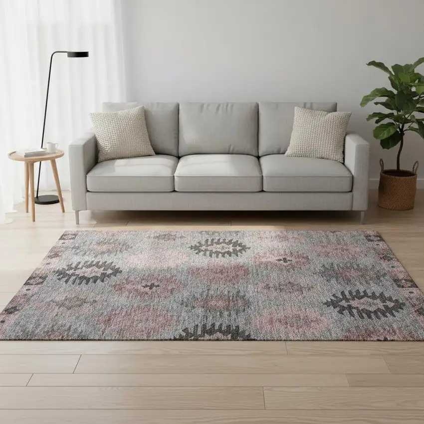 Gray Mauve And Silver Southwestern Washable Area Rug With UV Protection Photo 2